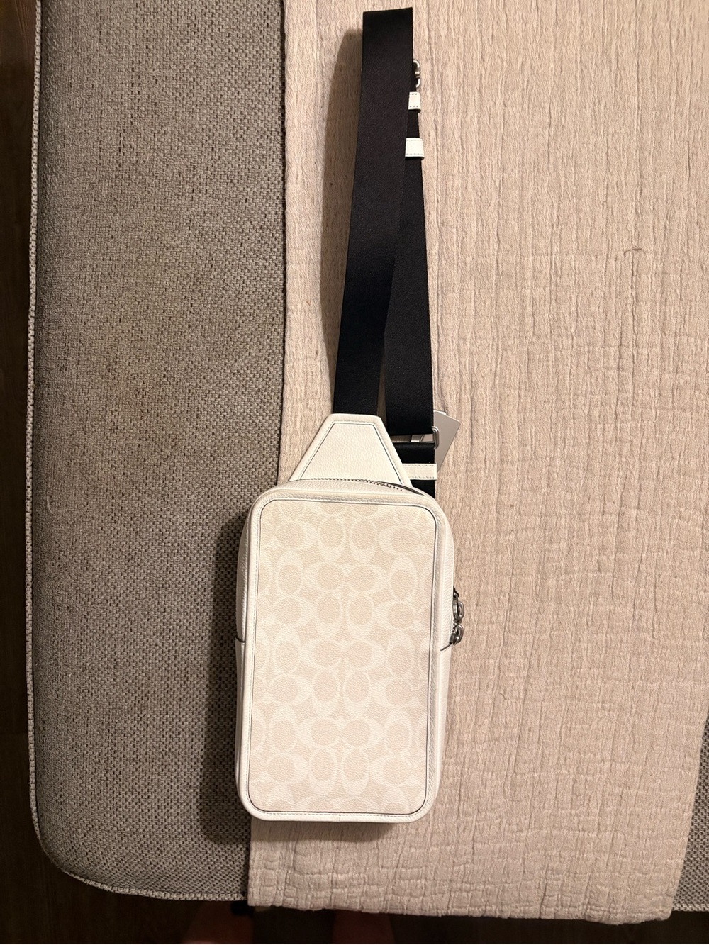 Coach White Signature Canvas Sling Belt Bag with Black Strap